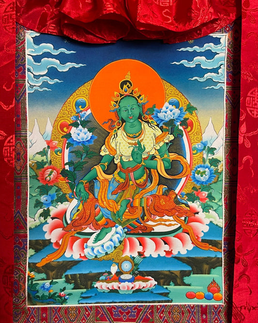 Grüne Tara Thangka, Nahaufnahme des Motivs mit Pfingstrosen und Lotosthron