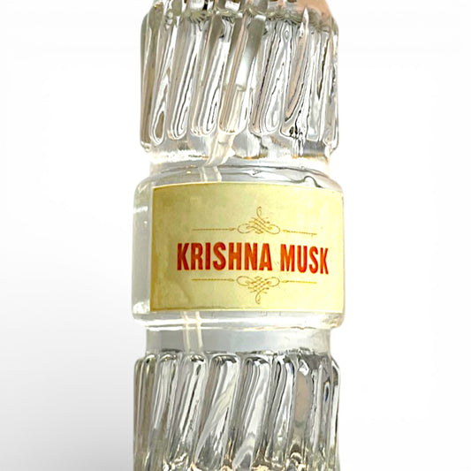 Detailansicht Krishna Musk Parfuem Spray Etikett Naturkosmetik aus Indien Himalaya Vibes Online Shop