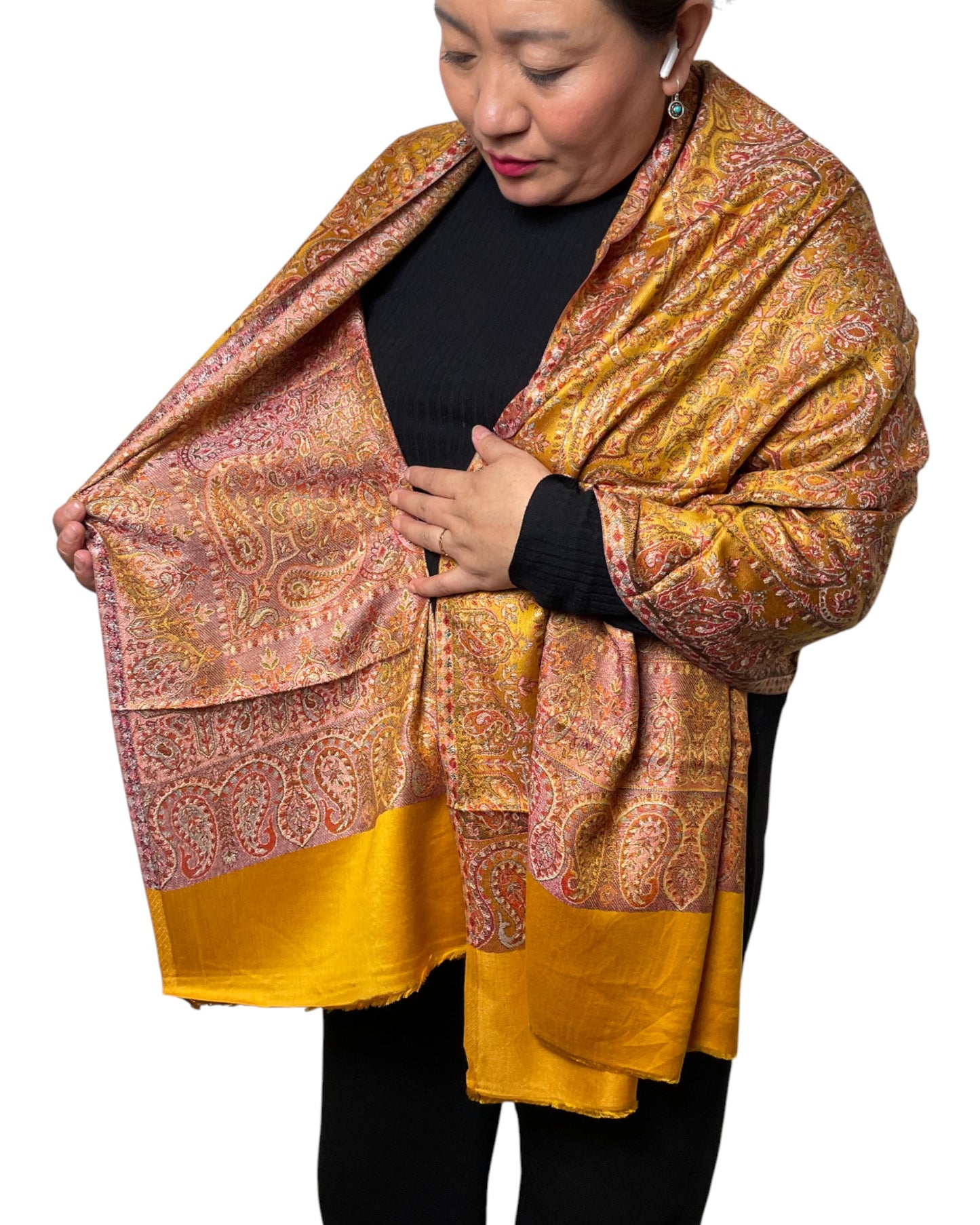 Original Jacquard Schal aus Indien – Paisley & Blumenmuster in Senfgelb