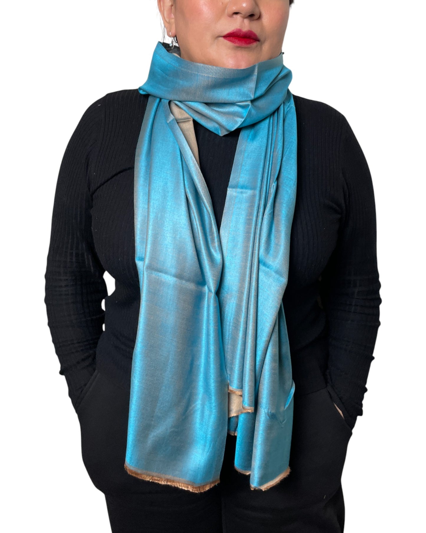 Original Seidenschal aus Indien in Türkis & Champagner – Luxuriöses Seidentuch