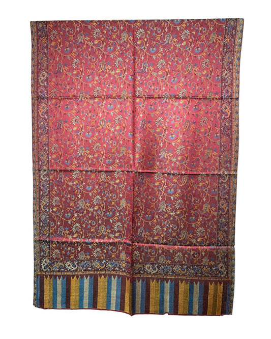 Original Jacquard Schal aus Indien in Beerenrot & Gold mit Paisley- und Blumenmuster. Wendbar, luxuriöse Leinen-Seide-Mischung, Unisex Tuch für alle Jahreszeiten. halbiert