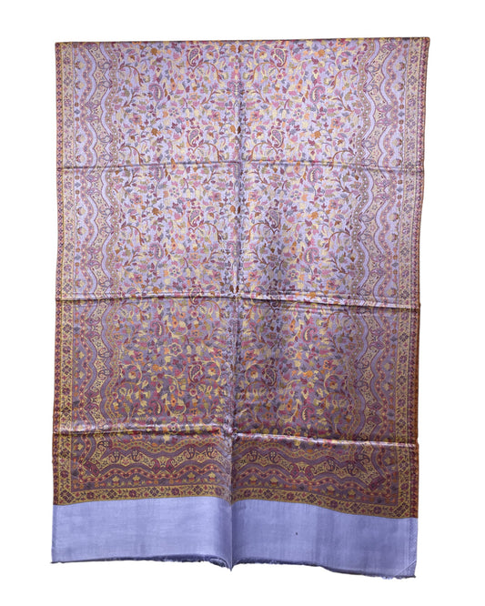 Original Jacquard Schal aus Indien in Flieder mit Paisley- und Blumenmuster. Wendbarer Leinen-Seide-Schal, luxuriöse Unisex Stola für alle Jahreszeiten. halbiert