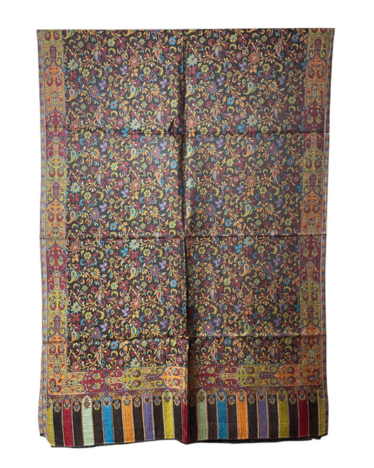 Original Jacquard Schal aus Indien in Schwarz mit Paisley- und Blumenmuster. Wendbar, hochwertige Leinen-Seide-Mischung, luxuriöse Unisex Stola für Winter, Frühling, Herbst und Sommer halbiert