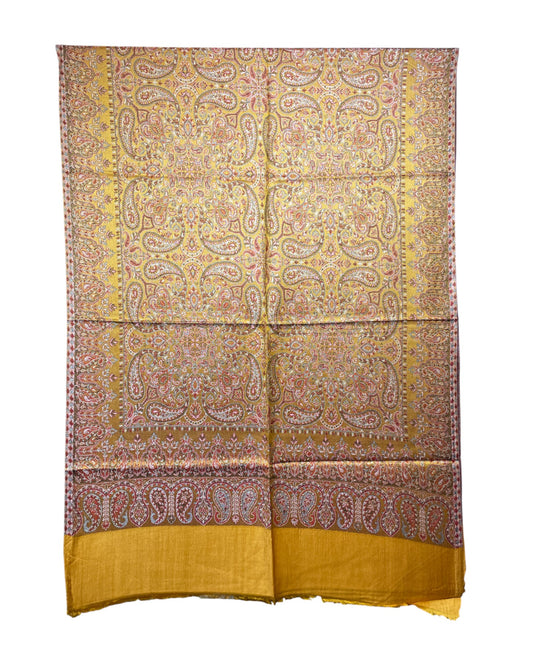 Original Jacquard Schal aus Indien in Senfgelb mit Paisley- und Blumenmuster. Wendbarer Leinen-Seide-Schal, luxuriöse Unisex Stola für alle Jahreszeiten. halbiert