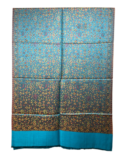Original Jacquard Schal aus Indien in Türkis mit Paisley- und Blumenmuster. Wendbarer Leinen-Seide-Schal, luxuriöse Unisex Stola für alle Jahreszeiten. halbiert