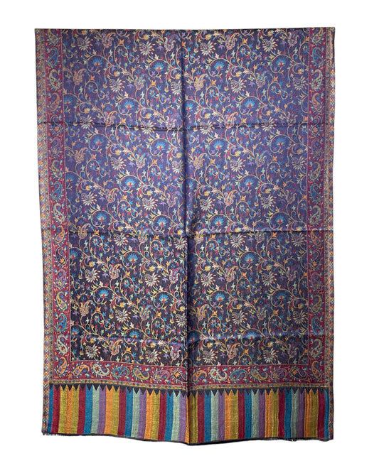 Original Jacquard Schal aus Indien mit Paisley- und Blumenmuster in Violett-Blau, farbenfrohes Jacquard-Design, luxuriöses Unisex Tuch aus Indien halbiert