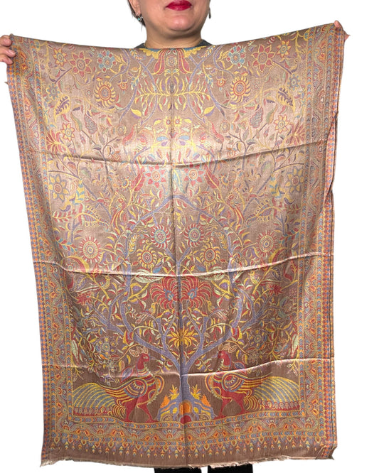 Original Paisley Schal in Beige mit Pfauenfeder- und Lebensbaum-Motiv aus Leinen und Seide, Jacquard gewebt, indisches Design, Unisex Stola hälfte