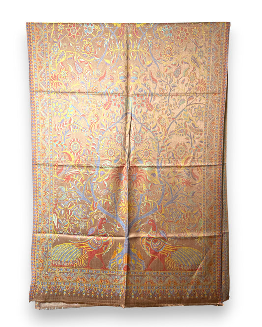 Original Paisley Schal in Bronze mit Pfauen- und Lebensbaum-Motiv aus Leinen und Seide, farbenfrohes Jacquard-Design, luxuriöse Unisex Tuch aus Indien halb