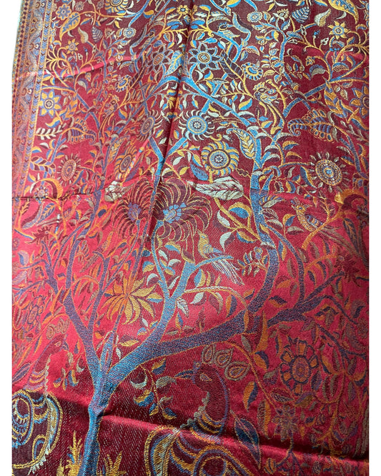 Original Paisley Schal in Weinrot mit Pfauen- und Lebensbaum-Motiv aus Leinen & Seide, farbenfrohes Jacquard-Design, luxuriöses Unisex Tuch aus Indien Muster