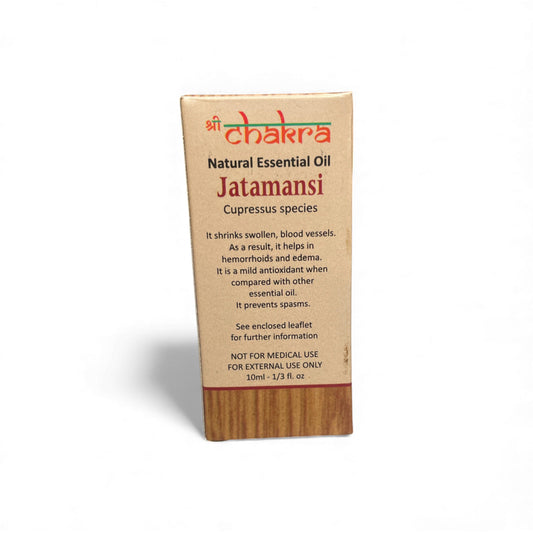 Rückseite der Verpackung von Jatamansi – Chakra Natürliches ätherisches Öl 10 ml mit Anwendungshinweisen