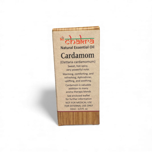 Rückseite der Verpackung von Kardamom – Chakra Natürliches ätherisches Öl 10 ml mit Anwendungshinweisen