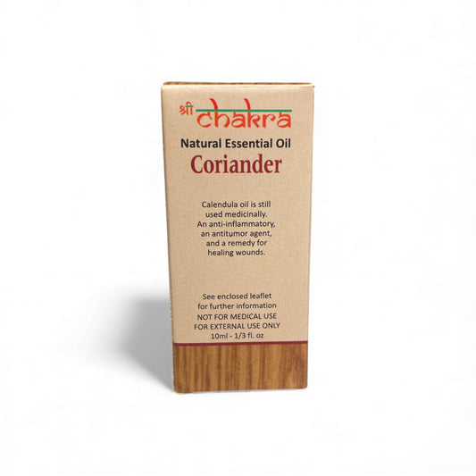 Rückseite der Verpackung von Koriander – Chakra Natürliches ätherisches Öl 10 ml mit Anwendungshinweisen