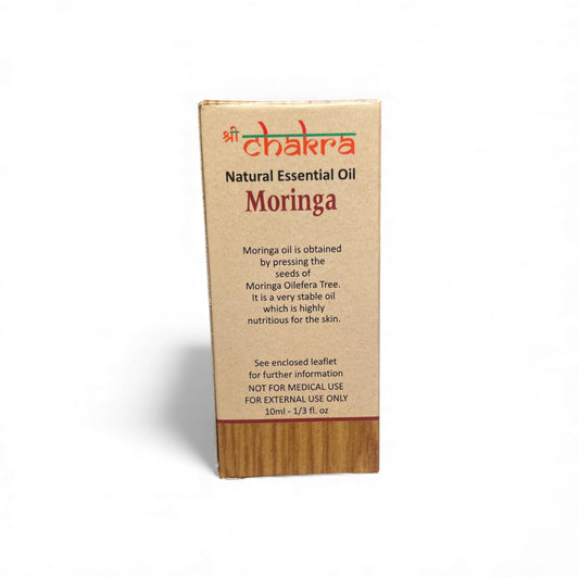 Rückseite der Verpackung von Moringa – Chakra Natürliches ätherisches Öl 10 ml mit Anwendungshinweisen