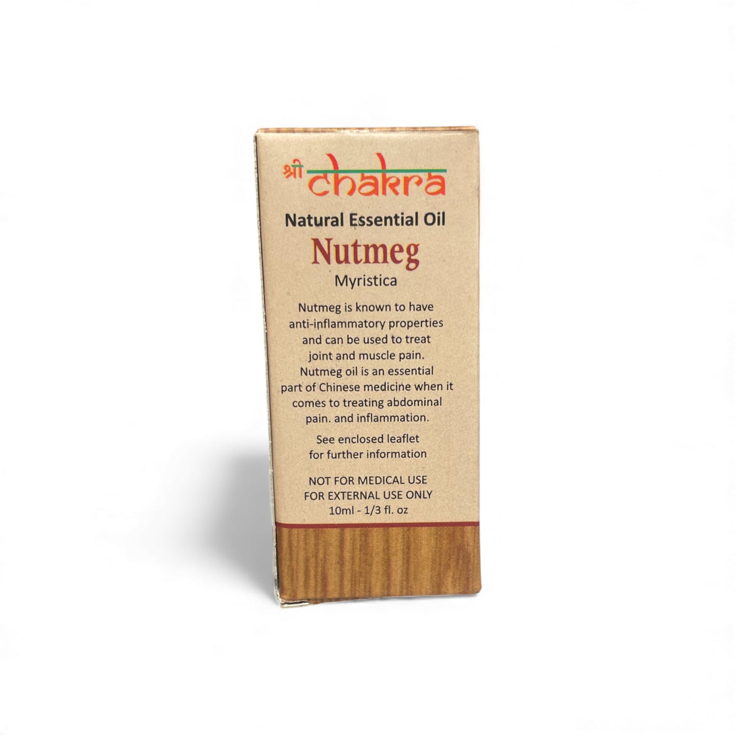 Rückseite der Verpackung von Muskatnuss – Chakra Natürliches ätherisches Öl 10 ml mit Anwendungshinweisen