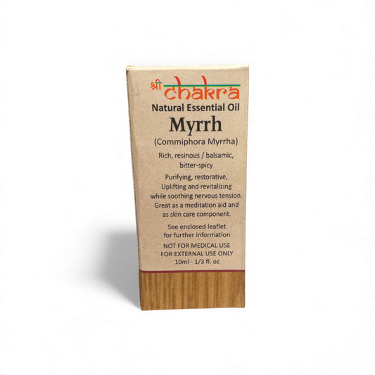 Rückseite der Verpackung von Myrrhe – Chakra Natürliches ätherisches Öl 10 ml mit Anwendungshinweisen