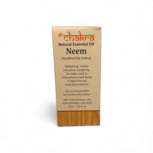 Rückseite der Verpackung von Neem – Chakra Natürliches ätherisches Öl 10 ml mit Anwendungshinweisen