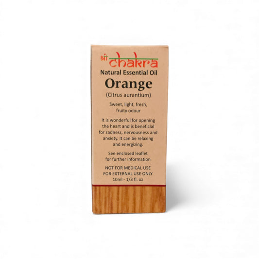 Rückseite der Verpackung von Orange – Chakra Natürliches ätherisches Öl 10 ml mit Anwendungshinweisen