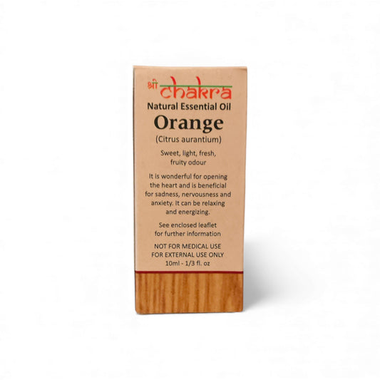 Rückseite der Verpackung von Orange – Chakra Natürliches ätherisches Öl 10 ml mit Anwendungshinweisen