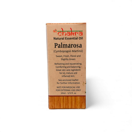 Rückseite der Verpackung von Palmarosa – Chakra Natürliches ätherisches Öl 10 ml mit Anwendungshinweisen