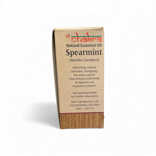 Rückseite der Verpackung von Spearmint (Grüne Minze) – Chakra Natürliches ätherisches Öl 10 ml mit Anwendungshinweisen