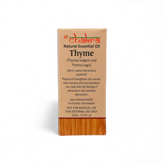 Rückseite der Verpackung von Thymian – Chakra Natürliches ätherisches Öl 10 ml mit Anwendungshinweisen