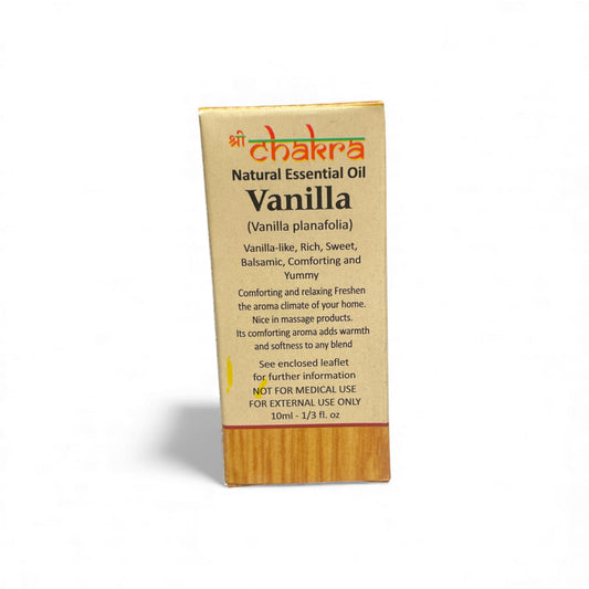 Rückseite der Verpackung von Vanille – Chakra Natürliches ätherisches Öl 10 ml mit Anwendungshinweisen