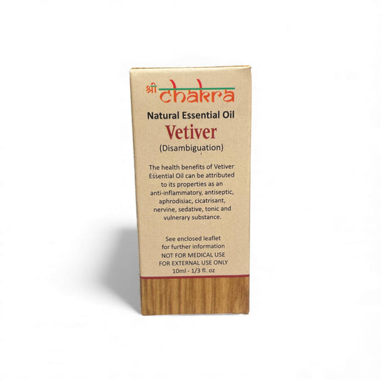 Rückseite der Verpackung von Vetiver – Chakra Natürliches ätherisches Öl 10 ml mit Anwendungshinweisen