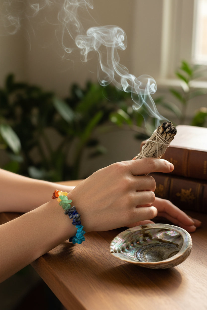Räucher-Einsteiger-Set – Salbei-Räucherbündel, Abalone-Muschel und Chakra-Armband für Ausräuchern von Wohnung & Haus, Meditation & Rituale 🧘