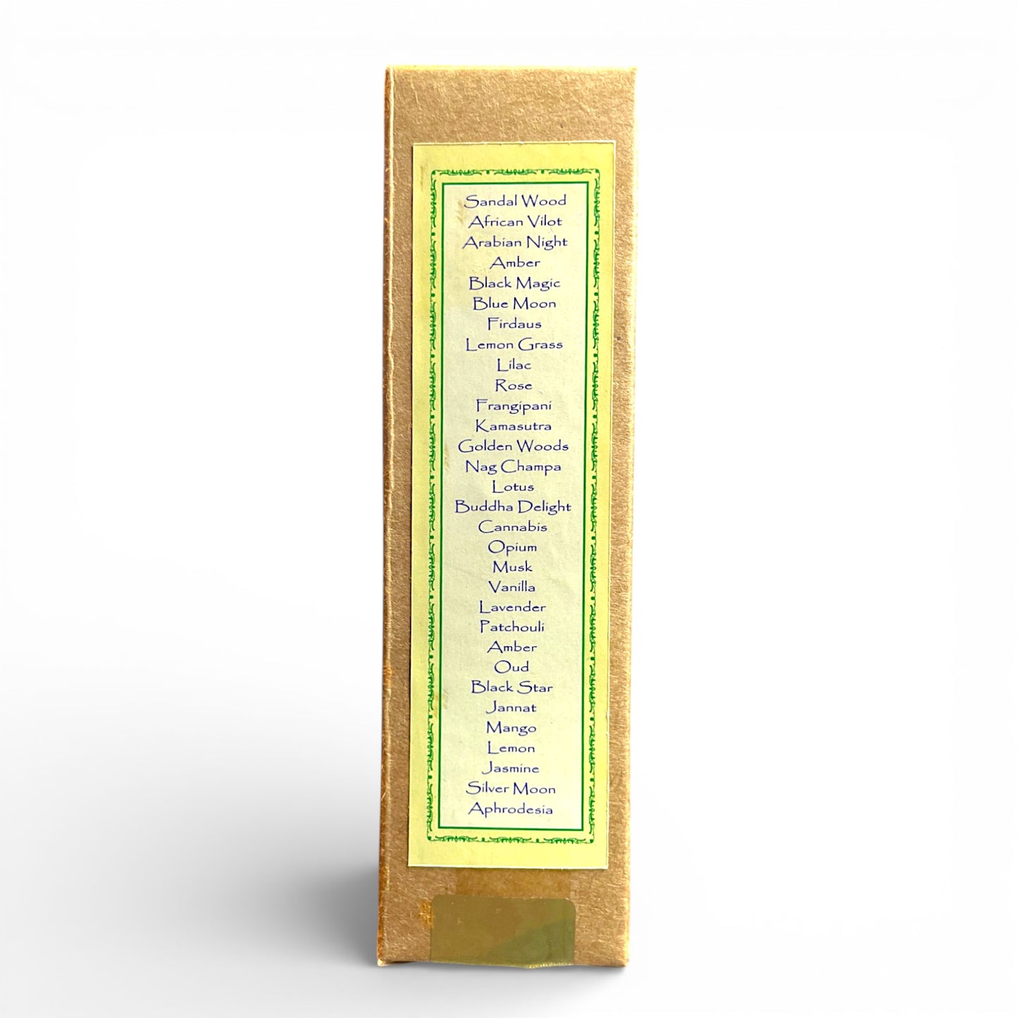 Rueckseite der Verpackung mit Liste verschiedener Duftrichtungen wie Sandalwood Rose und Patchouli