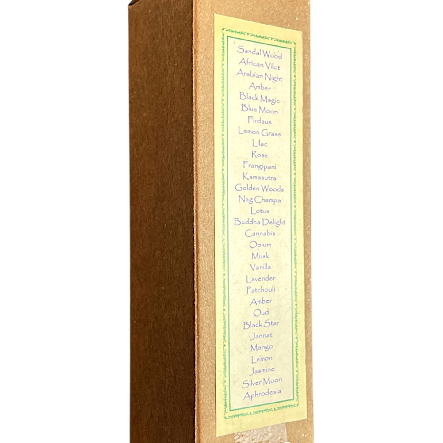 Rueckseite der Verpackung mit einer Liste verfuegbarer natuerlicher Duefte wie Sandal Wood Rose und Patchouli