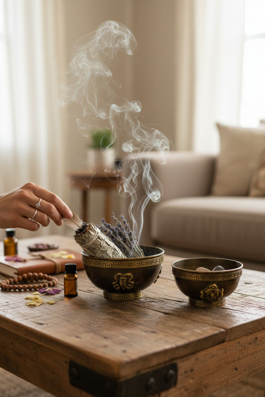 Tibetische Kupfer-Räucherschale – Ritualobjekt mit Glückssymbolen Salbei