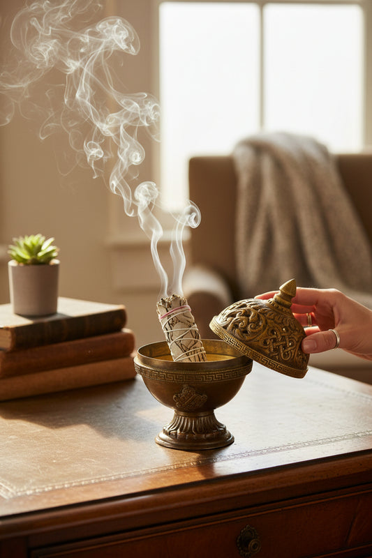 Tibetisches Kupfer-Räuchergefäss geöffnet – zeigt Deckel, Sand und Räucherwerk, ideal zum Ausräuchern, energetische Reinigung, spirituelle Praxis