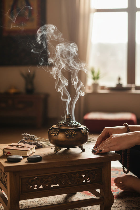 Tibetisches Räuchergefäss aus Kupfer mit Deckel – Tashi Tagye Glückssymbole altar zuhause