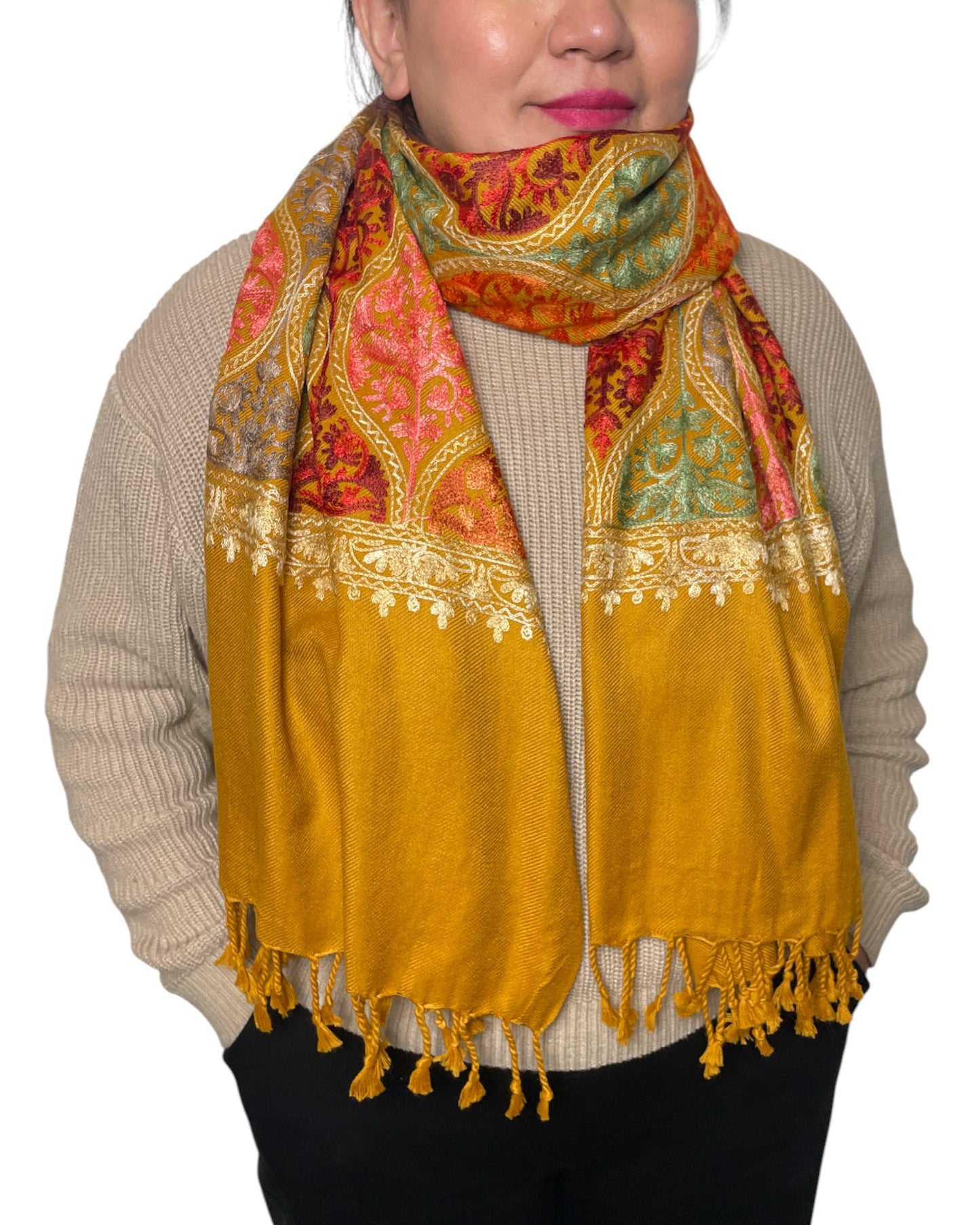 gelbe Bordüre: Goldfarbene Bordüre Stickerei Schal