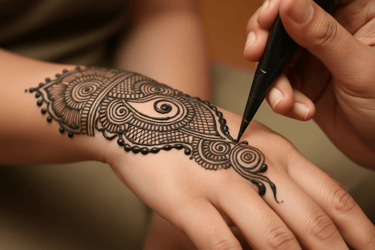 henna-tatoo-schwarz-in-arbeit - Himalaya Vibes Bern – Tibet Laden & Online Shop in der Schweiz