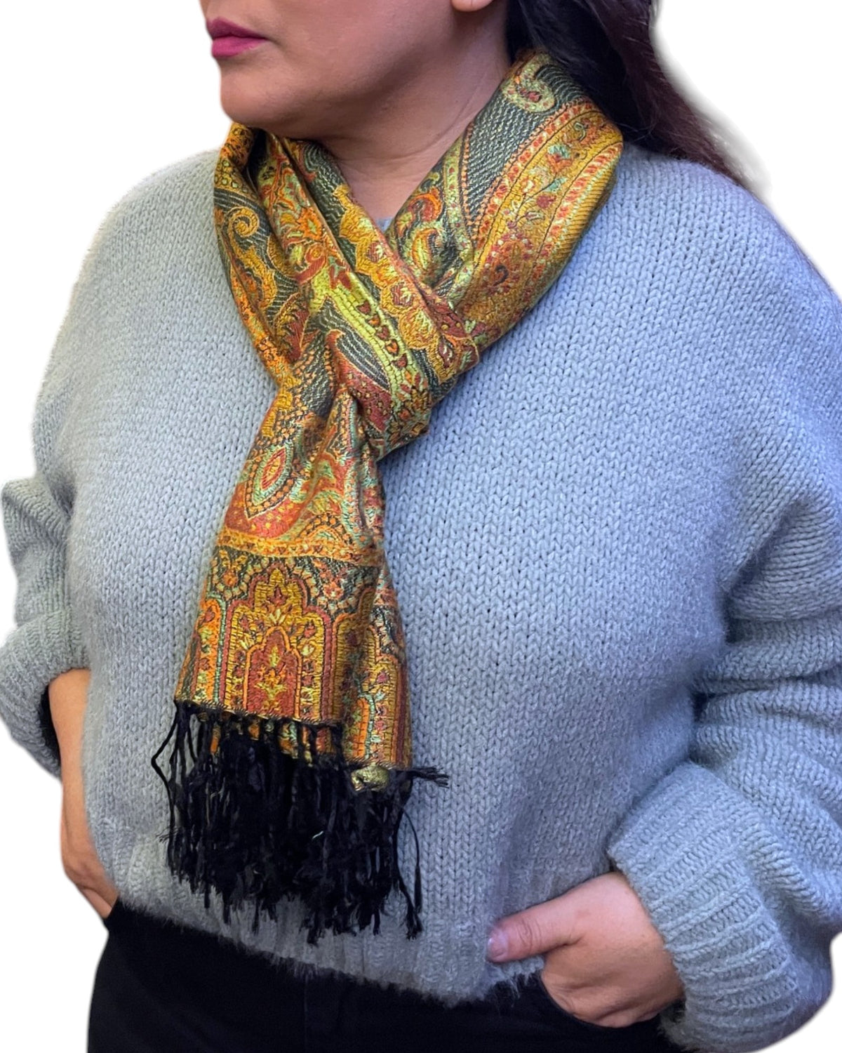 Paisley Seidenschal mit schwarzen Fransen – Himalaya Vibes Bern