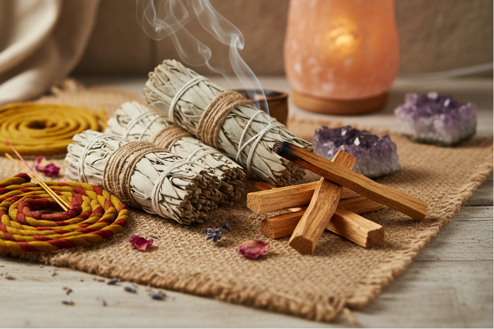 Spirituelle Raeucherkraeuter wie Salbei und Hölzer wie Palo Santo und Sandelholz