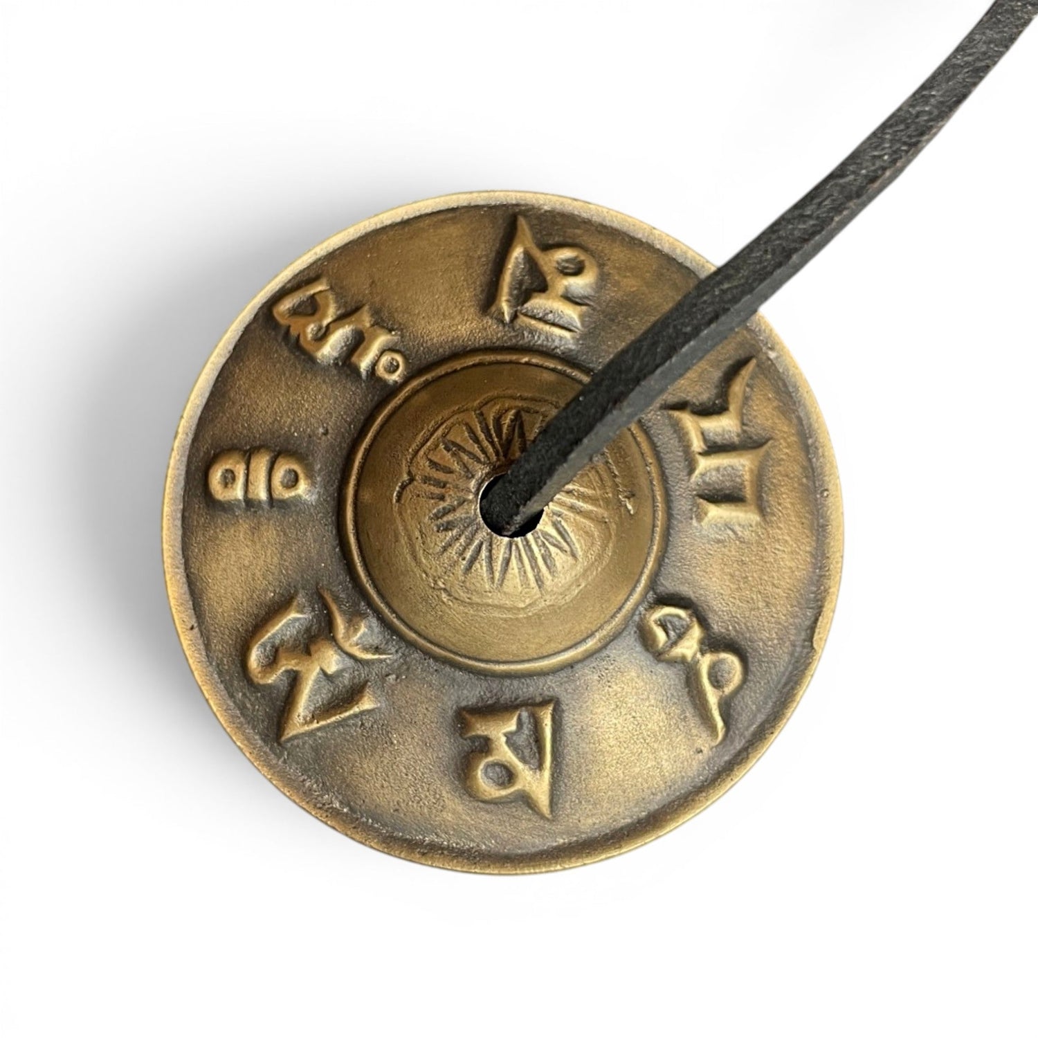Mantra-Zimbeln Tingsha 7cm Draufsicht – Om Mani Padme Hum tibetische Schrift Dharma-Rad, Tibet Bern
