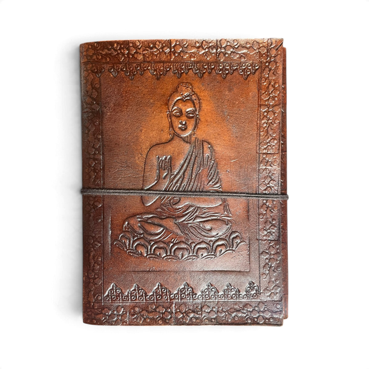 Buddha leather journal – front cover with embossed seated Buddha, Himalaya Vibes Bern
