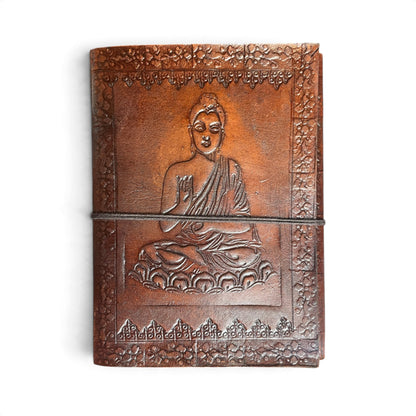 Buddha leather journal – front cover with embossed seated Buddha, Himalaya Vibes Bern