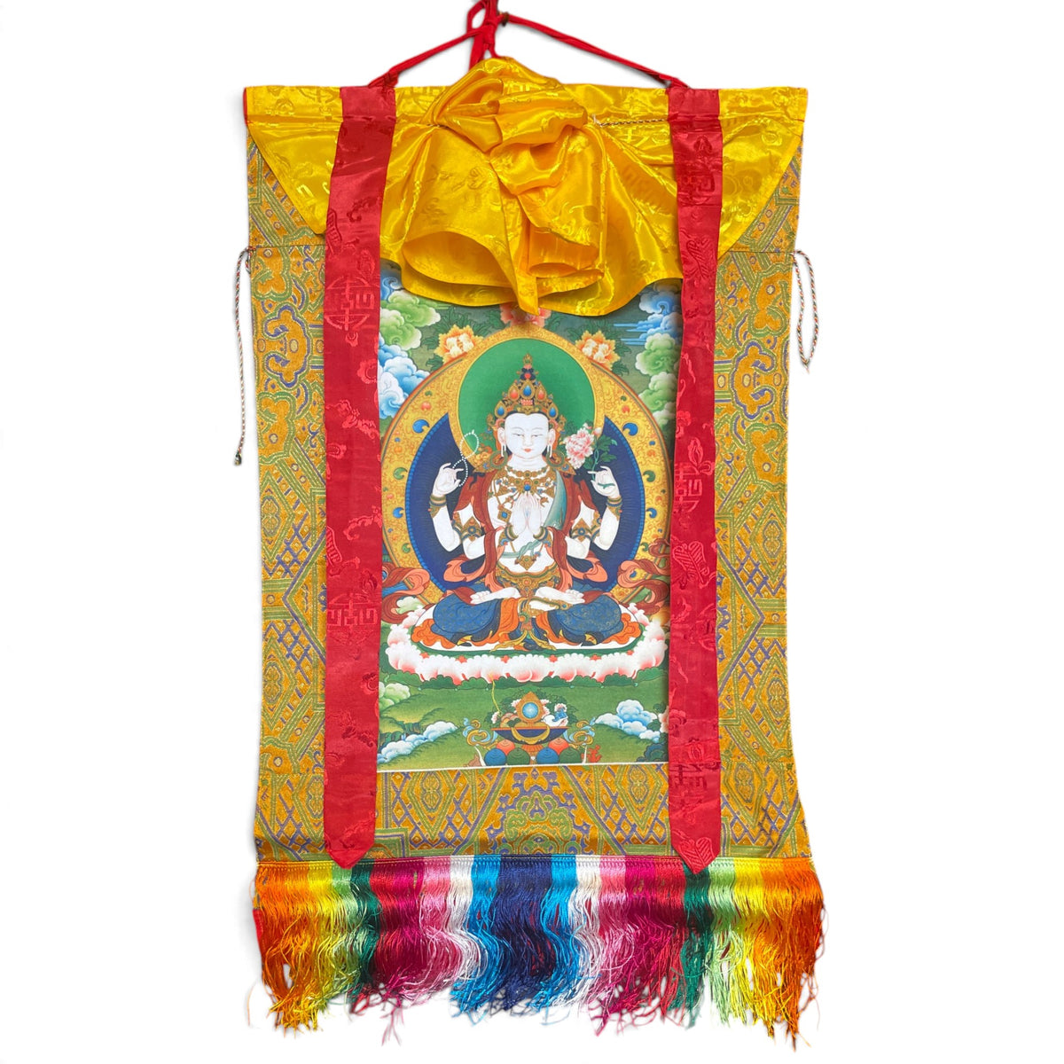 Rouleau thangka Chenrezig avec brocart et franges, 50 x 79 cm, vue d'ensemble