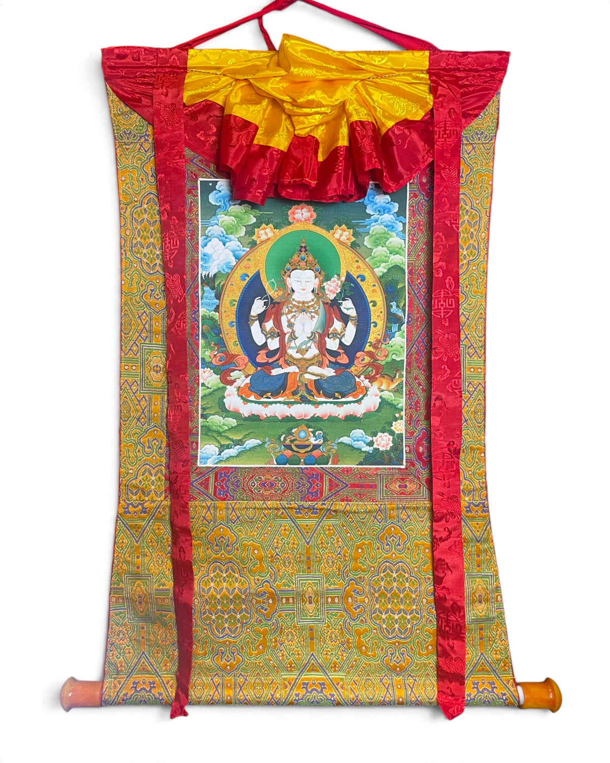 Thangka Chenrezig in rotolo con broccato e barra, 73 x 95 cm, vista d'insieme