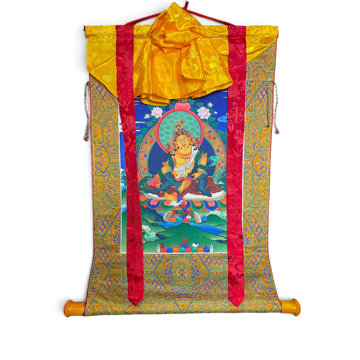 Rouleau thangka Dzambhala jaune avec brocart, vue d'ensemble 61 x 71 cm – Himalaya Vibes