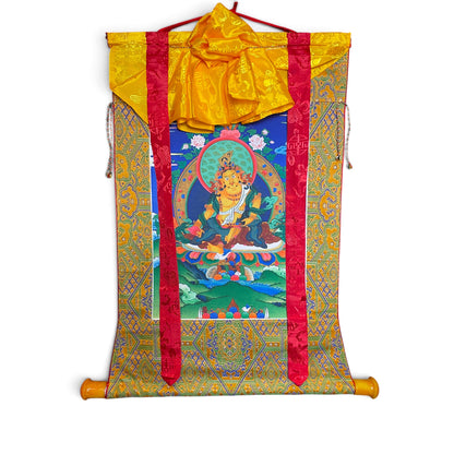 Rouleau thangka Dzambhala jaune avec brocart, vue d'ensemble 61 x 71 cm – Himalaya Vibes
