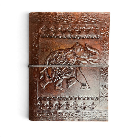 Elephant leather journal – front cover with embossed adorned elephant, Himalaya Vibes Bern