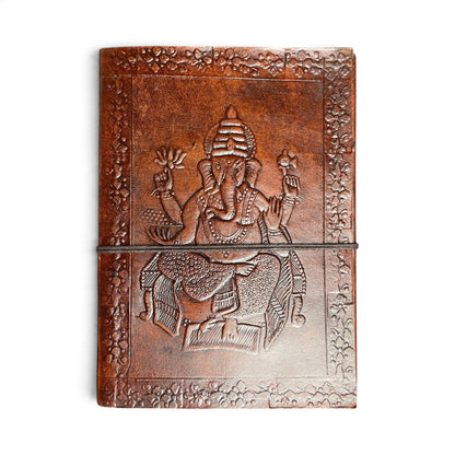 Ganesha leather journal – front cover with embossed enthroned Ganesha, Himalaya Vibes Bern