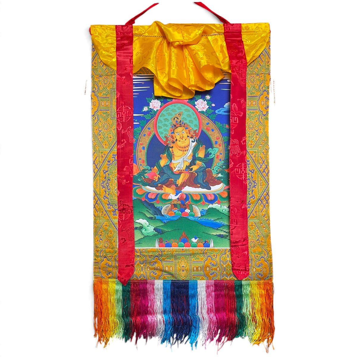Rotolo thangka Dzambala giallo con broccato giallo oro, nastri di seta rossi e frange colorate, 44 x 79 cm