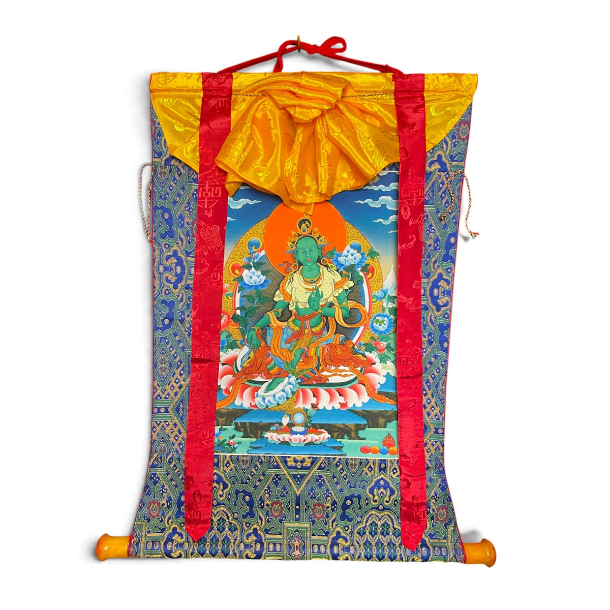 Rouleau thangka Tara verte avec brocart, vue d'ensemble 61 x 71 cm – Himalaya Vibes