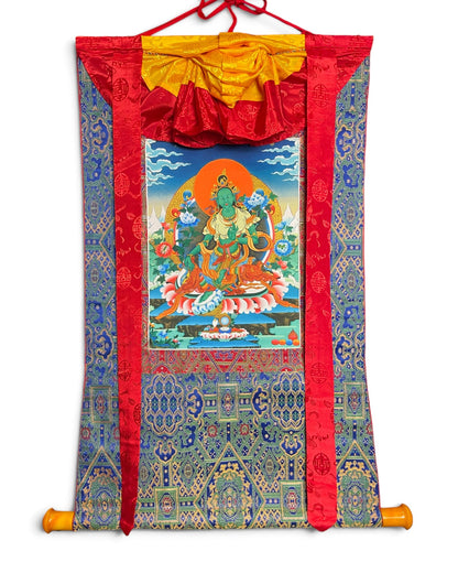 Green Tara thangka scroll with brocade and rod, 73 x 95 cm, full view