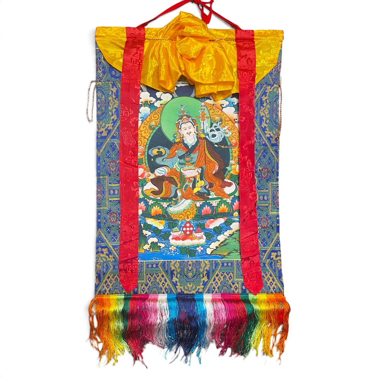 Rotolo thangka Guru Rinpoche con broccato e frange, 44 x 79 cm, vista d'insieme